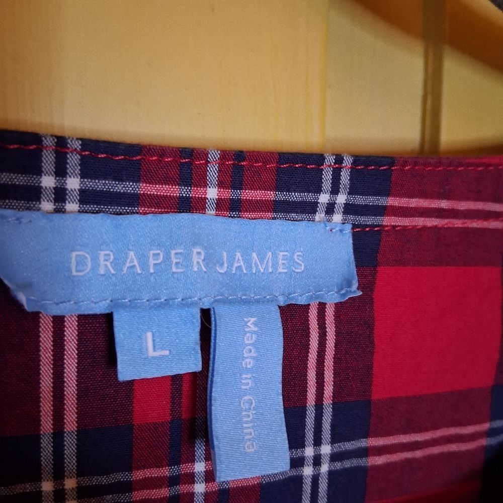 Draper James Red and Black Plaid Stretch Cotton Blouse With Ruffled Placket Sz L - Picture 8 of 14